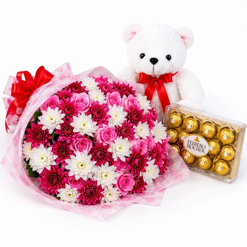 MJflowers Mixed Bright Bouquets Carnations & roses Teddy bear and chocolate