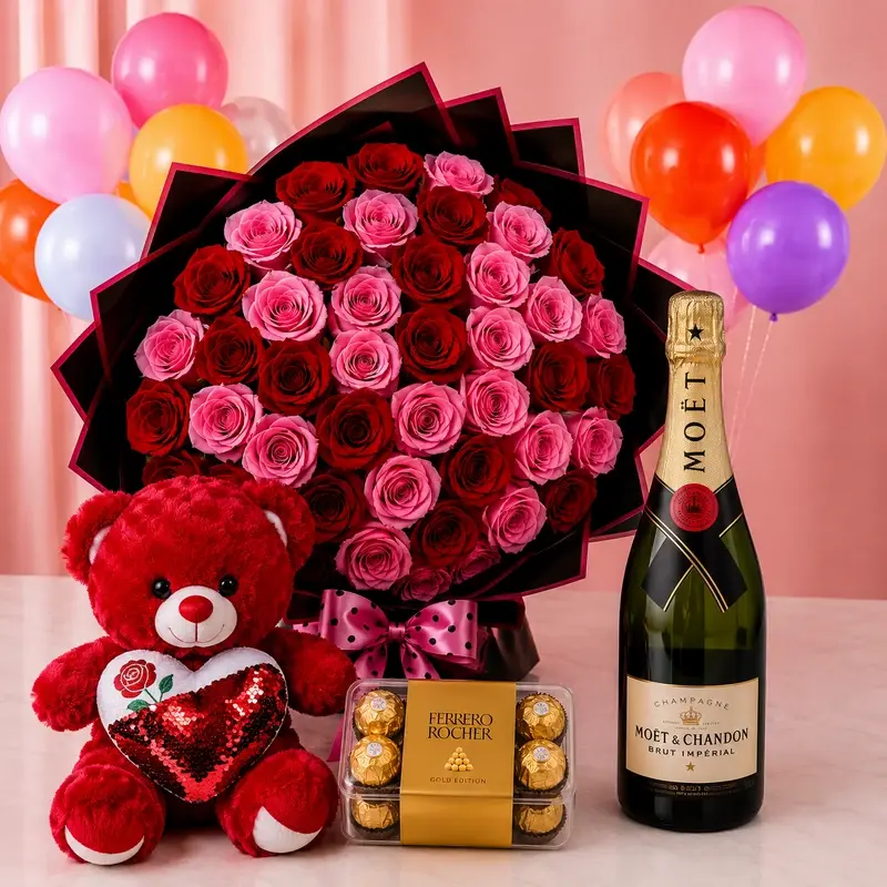 MJflowers Premium Moรซt & Chandon Champagne Red Rose Hamper