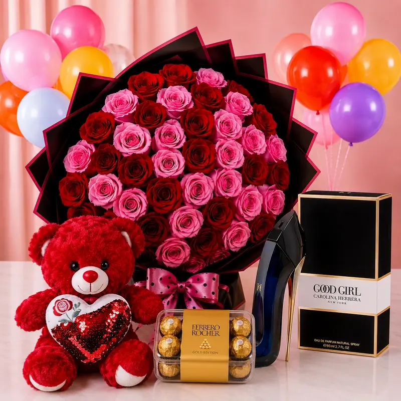 MJflowers Red Roses Good Girl Eau de Parfum 80ml Bear Ferrero Rocher package